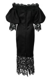 Zwarte mode casual effen patchwork off-shoulder lange jurk jurken