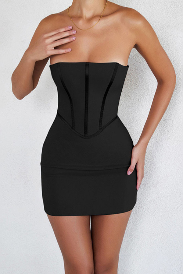 Black Sexy Solid Patchwork Strapless Pencil Skirt Dresses