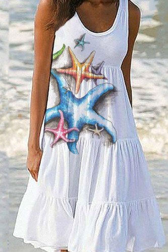 White Casual Print Patchwork U Neck Straight Dresses