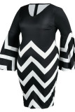 Black Fashion Casual Print Slit V Neck Long Sleeve Plus Size Dresses
