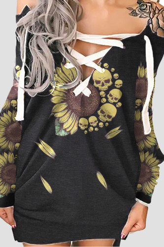 Black Yellow Halloween Street Graphics Print Bandage Off the Shoulder Straight Long Sleeve Sweatshirt Mini Dresses