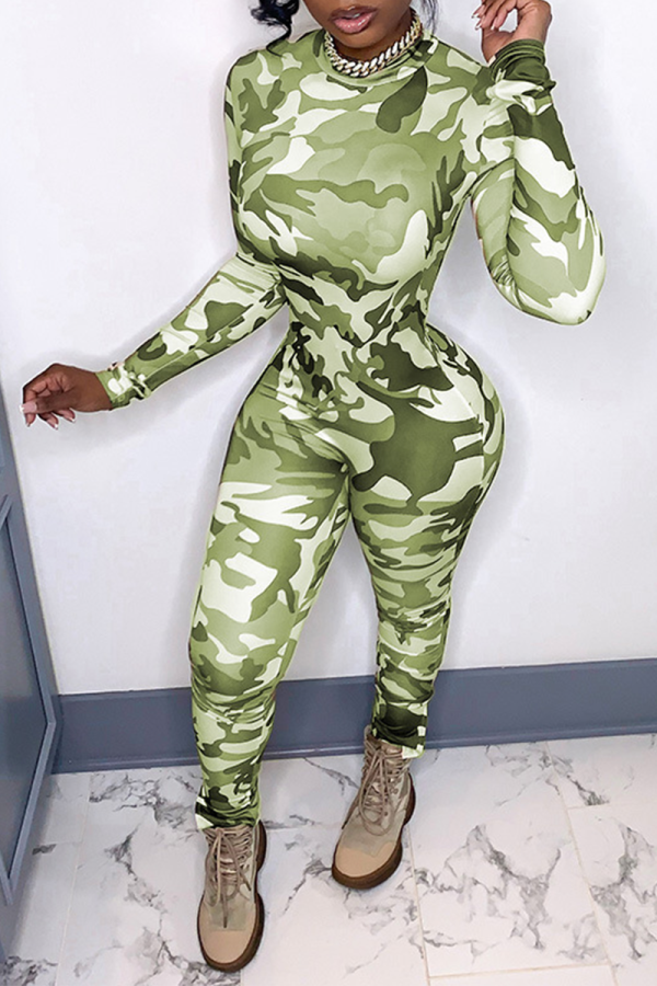 Green Sexy Camouflage Print Patchwork O Neck Skinny Jumpsuits