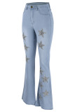 Jeans de mezclilla regular de cintura alta casuales de las estrellas de moda azul
