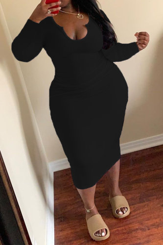 Black Casual Solid Patchwork U Neck Pencil Skirt Dresses