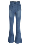 Jeans jeans casual moda casual com estampa de borboletas azul bebê cintura alta