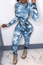 Blauwe sexy skinny jumpsuits met camouflageprint en O-hals