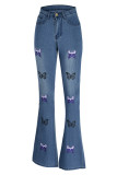 Azul moda casual borboleta estampa cintura alta jeans regular