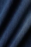 Blauwe mode casual vlinderprint hoge taille regular denim jeans
