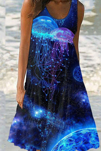 Deep Blue Casual Print Patchwork U Neck Straight Dresses