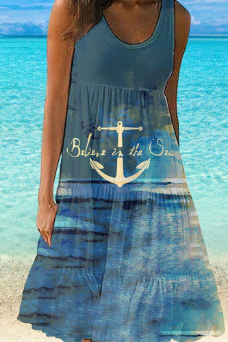 The cowboy blue Casual Print Patchwork U Neck Straight Dresses