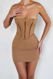 Light Brown Sexy Solid Patchwork Strapless Pencil Skirt Dresses