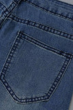 Babyblauwe, casual jeans met vlinderprint en hoge taille, normale denim