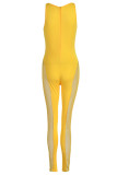 Macacão skinny amarelo sexy sólido vazado de malha com decote