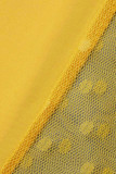 黄色のセクシーなソリッド中空メッシュOネックスキニージャンプスーツ