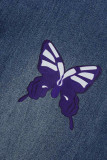 Jean en denim taille haute à imprimé papillon décontracté bleu
