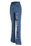 Babyblauwe, casual jeans met vlinderprint en hoge taille, normale denim