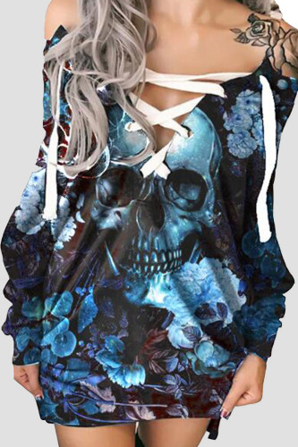 Blue Halloween Street Graphics Print Bandage Off the Shoulder Straight Long Sleeve Sweatshirt Mini Dresses