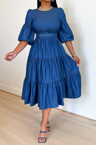 Blue Casual Solid Patchwork Fold With Belt O Neck Dresses