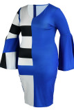 Blue Fashion Casual Print Slit V Neck Long Sleeve Plus Size Dresses
