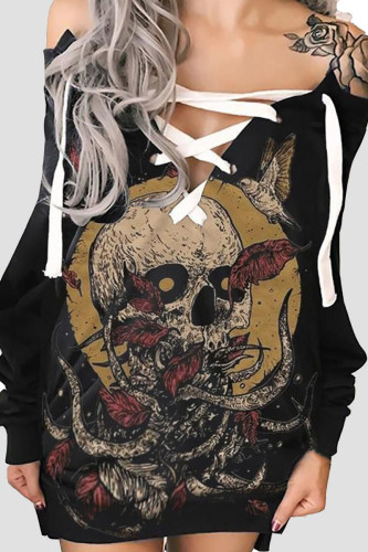 Red Halloween Street Graphics Print Bandage Off the Shoulder Straight Long Sleeve Sweatshirt Mini Dresses