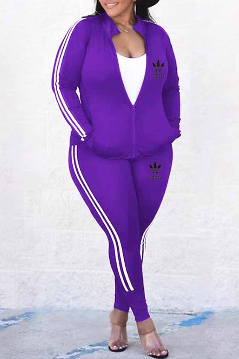 

Purple Casual Print Patchwork Letter Zipper Collar Plus Size Two Pieces