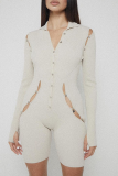 White Sexy Solid Hollowed Out Turndown Collar Skinny Rompers