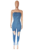 Light Blue Sexy Solid Ripped Patchwork Strapless Skinny Denim Jumpsuits