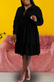 ブラック カジュアル ソリッド パッチワーク バックル フォールド ターンダウン カラー A ライン プラスサイズ ドレス