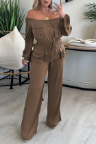 Brown Casual Solid Patchwork Pocket Fold Off the Shoulder Straight Jumpsuits