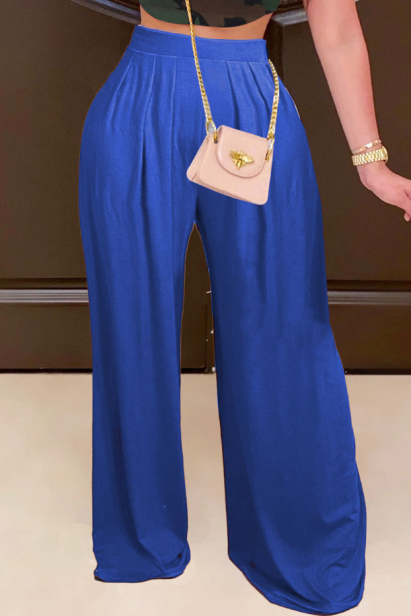Blaue, lässige, einfarbige Patchwork-Hose mit hoher Taille, herkömmliche einfarbige Unterteile