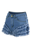 Blaue Street Solid Quaste Patchwork Volant Lose Hohe Taille Typ A Einfarbig Plus Size Denim Shorts