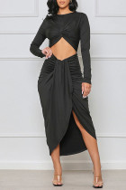 Black Sexy Solid Hollowed Out Patchwork Asymmetrical O Neck One Step Skirt Dresses