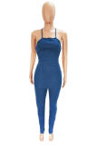 Royal Blue Sexig Casual Solid Backless Cross Straps Spaghetti Strap Skinny Jumpsuits