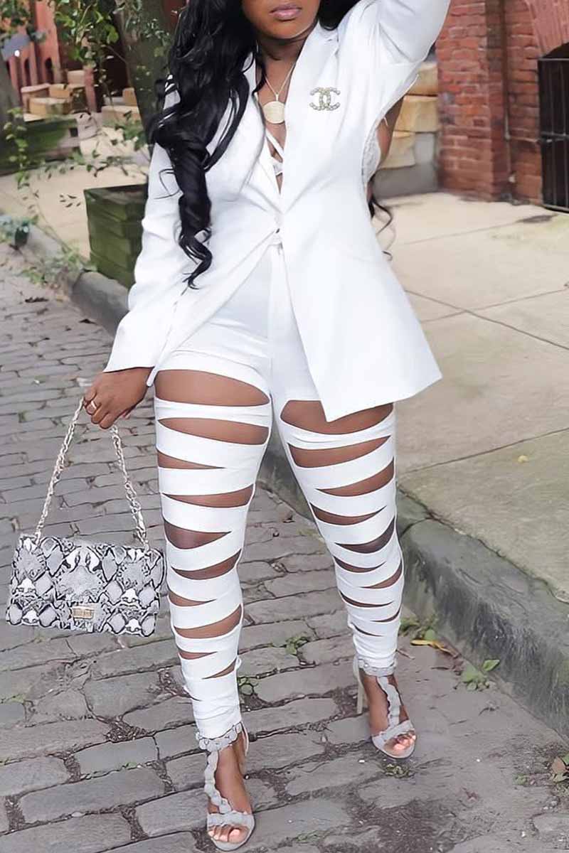 

White Elegant Letter Ripped Turn-back Collar Long Sleeve Two Pieces