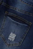Mörkblå Casual Street Print Ripped Patchwork Jeans med hög midja