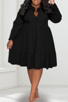 ブラック カジュアル ソリッド パッチワーク バックル フォールド ターンダウン カラー A ライン プラスサイズ ドレス