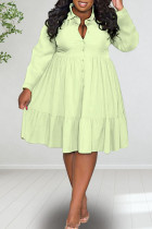 Verde claro casual sólido patchwork hebilla doblar cuello vuelto una línea vestidos de talla grande