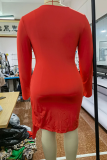 Red Street Solid Bandage V-hals Pencil Skirt Plus Size Klänningar