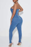 Голубые сексуальные однотонные рваные джинсовые комбинезоны скинни без бретелек в стиле пэчворк