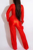 Red Sexy Solid Patchwork Fold V Neck Straight Jumpsuits