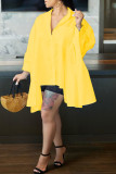 Желтое повседневное однотонное асимметричное платье-рубашка в стиле пэчворк с отложным воротником