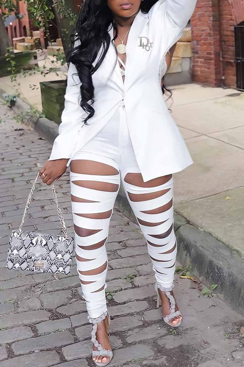 

White Elegant Letter Ripped Turn-back Collar Long Sleeve Two Pieces