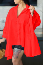 Красное повседневное однотонное лоскутное асимметричное платье-рубашка с отложным воротником