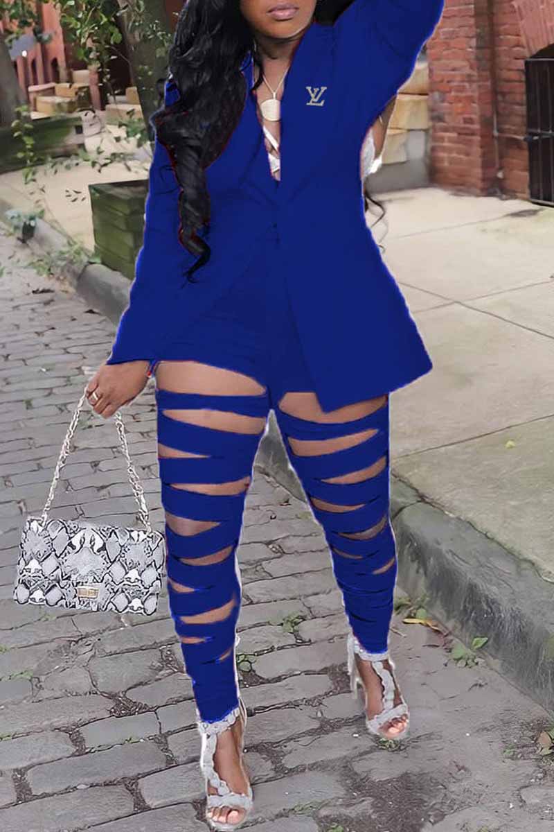 

Blue Elegant Letter Ripped Turn-back Collar Long Sleeve Two Pieces