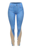 Blue Casual Print Patchwork Skinny High Waist Pencil Patchwork Trousers