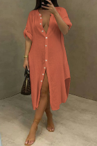 Red Casual Solid Buckle V Neck Straight Dresses