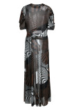 Coffee Fashion Print Patchwork Slit Asymmetrical O Neck A Line Plus Size Dresses