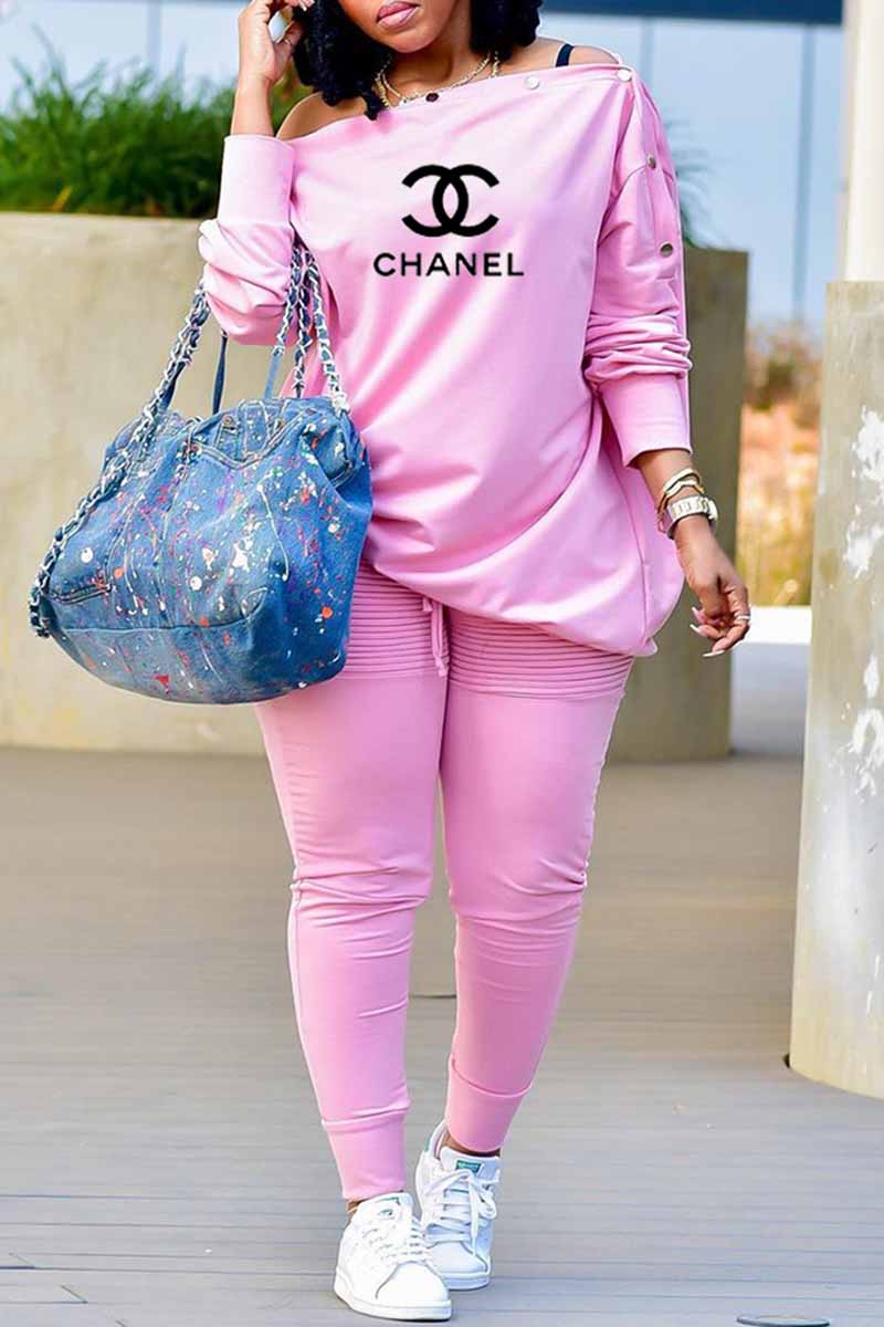 

Pink Casual Print Letter Off the Shoulder Plus Size Two Pieces