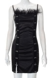 Noir Sexy Patchwork Plumes Spaghetti Strap Crayon Jupe Robes