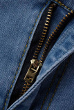 Blue Street Solid Tofs Patchwork Volang Lös Hög midja Typ A Enfärgad Plus Size jeansshorts
